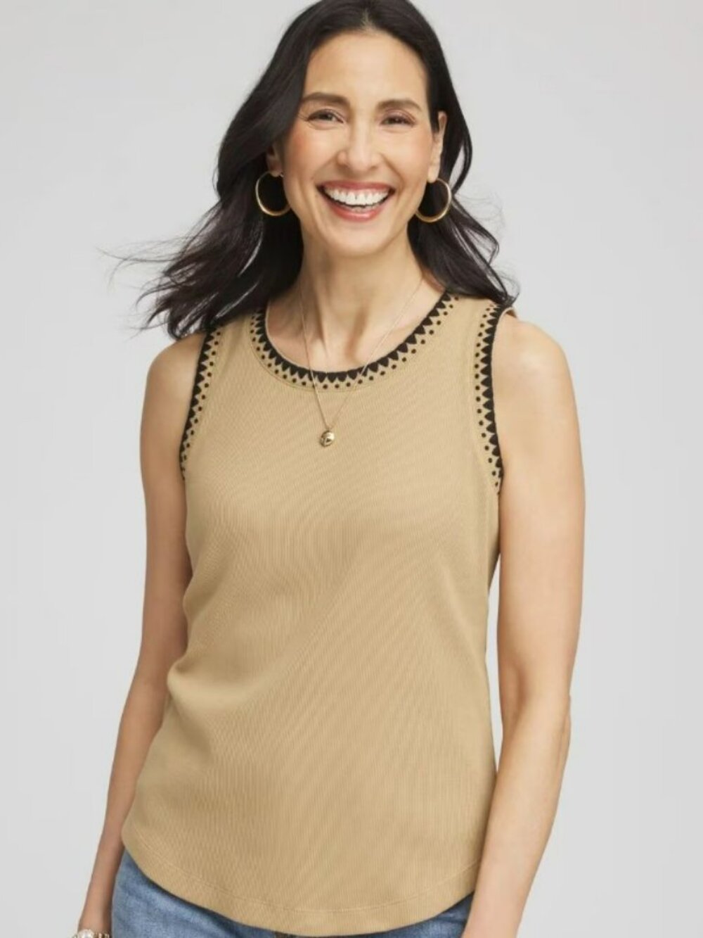 Chico's Contrast-Trim Ribbed Cotton Tank Top - New Without Tags